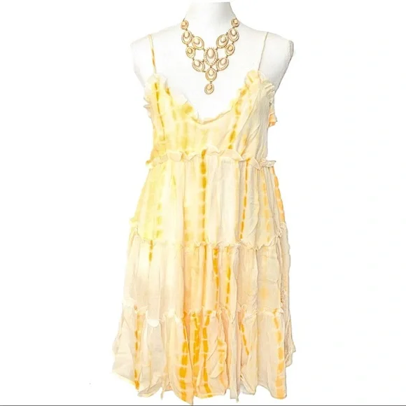 🆕 Gorgeous Yellow White TieDyed Tiered Spaghetti Strap Babydoll Dress SM NWT - Picture 2 of 9
